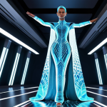 A highly detailed female digital avatar, perfect anatomy, correct proportions, natural pose, elegantly showcasing a unique, futuristic haute couture outfit. She is fully clothed in modest clothing and appropriate attire, designed with intricate patterns and glowing accents, reflecting personalized style. The avatar stands on a vibrant, abstract virtual runway with shimmering digital lights and holographic displays in the background. High-quality render, professional digital art, sharp focus, well-formed hands, proper finger count, natural body proportions, safe for work, appropriate content, family-friendly.
