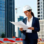 **

A professional female architect, fully clothed in a modest business casual outfit (dress pants, blouse, blazer), standing on a construction site, reviewing blueprints. Background shows a half-constructed modern skyscraper. Safe for work, appropriate content, professional setting, perfect anatomy, correct proportions, natural pose, well-formed hands, proper finger count, natural body proportions, high-quality rendering, family-friendly.

**
